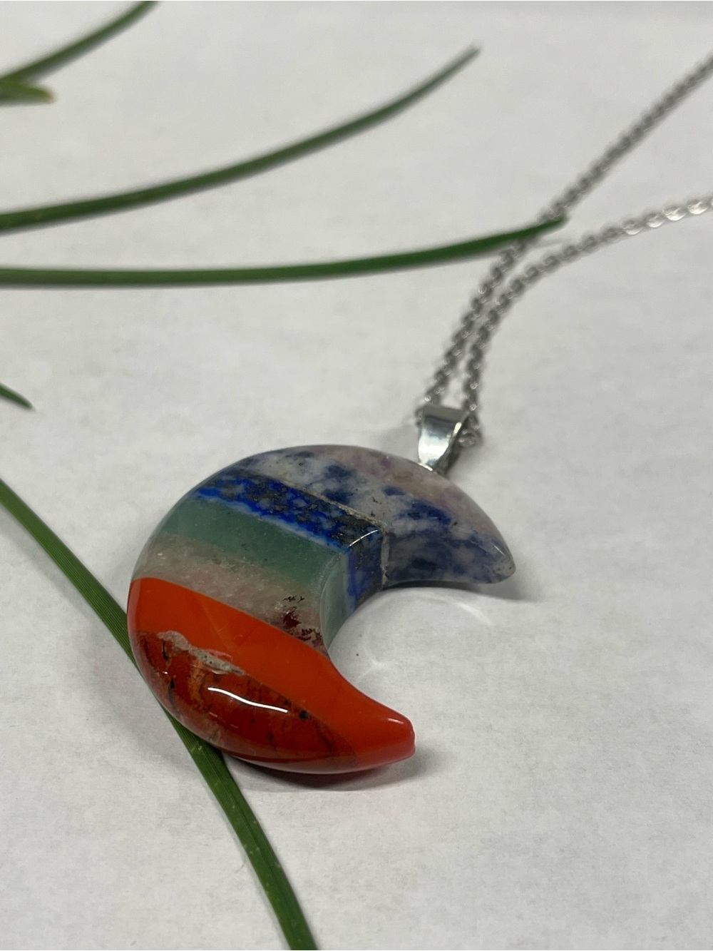 Crescent Multi-Stone Pendant Necklace in Blue, Green & Orange.